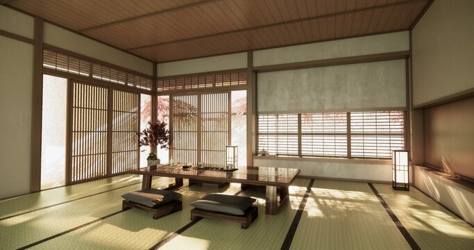 Low table Japanese-style living room evokes the feeling of spring with sunlight streaming into the space.3D rendering