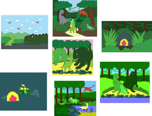 Cute cartoon dinosaurs adventure illustrations mega pack set, funny little t-rex character, prehistoric landscape storyboard scenes for kids book. © Natalia Kononova