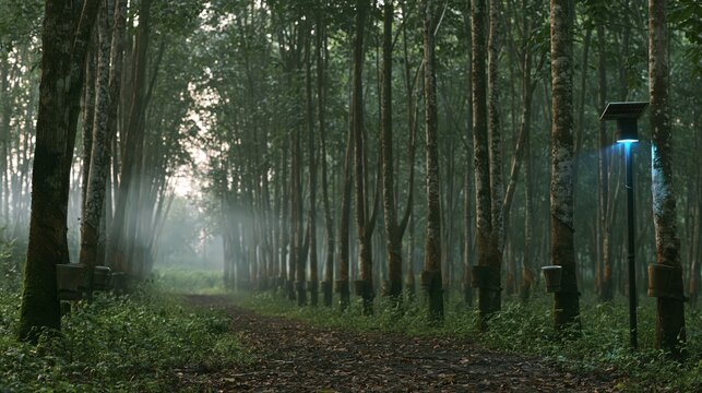 Straight rows of rubber trees in a quiet plantation at dawn with soft mist, with a clean uncluttered composition