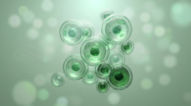Cluster of translucent green cells with visible nuclei and vacuoles on a bokeh background.