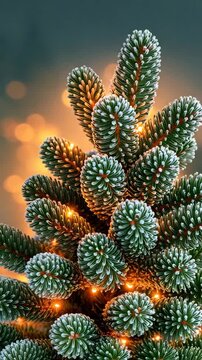 Frost covered evergreen branch with glowing lights, Christmas background copy space, vertical video