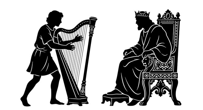 David Playing Harp Before King Saul Old Testament Bible Vector Illustration, Healing Music Therapy, Soothing Troubled Spirit, Biblical Royal Court Scene