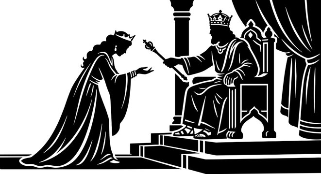 Queen Esther Before King Ahasuerus Old Testament Bible Vector Illustration, Golden Sceptre Favor and Royal Mercy, Courageous Intercession Scene