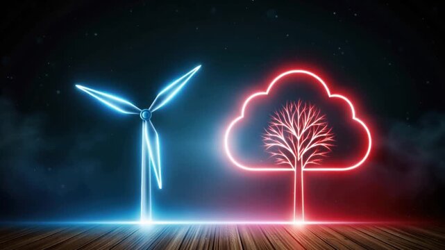 A glowing neon representation of a wind turbine and a stylized tree inside a cloud. ..Created with Generative AI, not depicting real subjects.