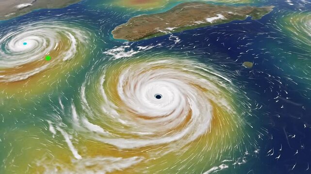 Dynamic Satellite View of Multiple Hurricanes Forming Over Ocean and Land in the Tropics