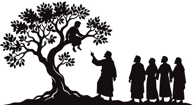 Jesus and Zacchaeus in Sycamore Tree New Testament Bible Vector Illustration, Tax Collector Calling Story, Gospel of Luke Salvation and Repentance Scene