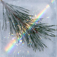 Obraz premium Evergreen pine needles preserved inside solid ice reflecting colorful rainbow prism light flares