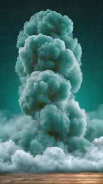 White smoke and golden particles flowing on dark emerald background, winter abstract, vertical video