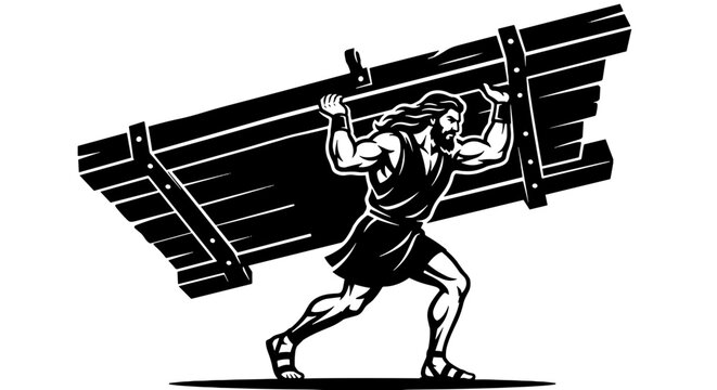 Samson Carrying the Gates of Gaza Old Testament Bible Vector Illustration, Book of Judges Strongman Story, Superhuman Strength and Power Concept