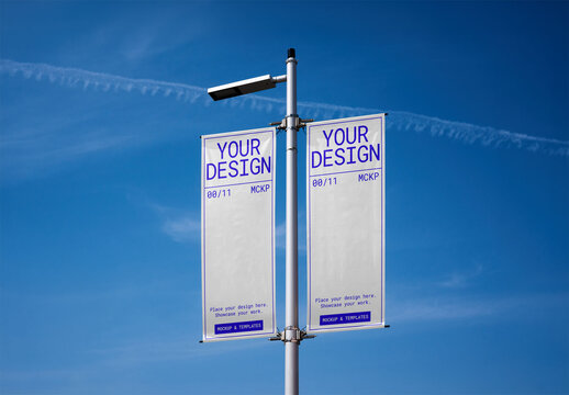Mockup Of Two Customizable Vertical Banners On Street Lamp Post