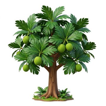 Stylized breadfruit tree with green fruit on white background