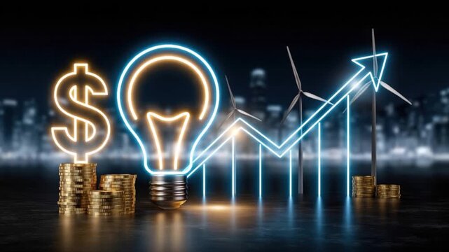 Glowing neon dollar sign, lightbulb, and upward trending graph with wind turbines in the background. ..Created with Generative AI, not depicting real subjects.