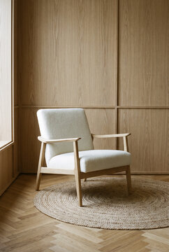 Scandinavian minimalist interior with wooden armchair and natural light