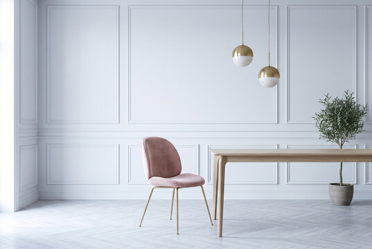 Minimalist scandinavian dining room with pendant lights and copy space