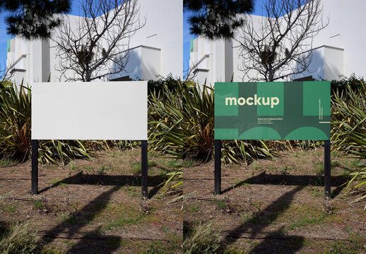 Mockup Of Customizable Outdoor Ground Sign On Landscaped Setting