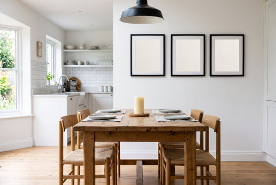 Scandinavian dining room with wooden table and blank frames