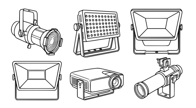 Professional studio lighting and projector equipment set featuring various fixtures in a clean black and white vector outline style perfect for technical documentation and event production planning