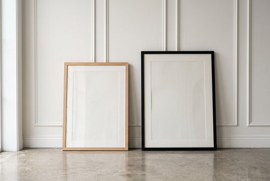 Minimalist interior with blank frames and concrete flooring