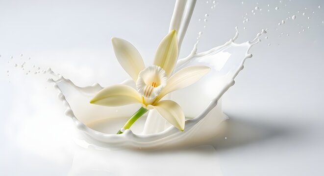 White vanilla flower in fresh milk splash crown with pouring milk
Delicate vanilla orchid blossom with dynamic dairy crown splash
Pure milk pouring over tropical white flower closeup
Fresh creamy spla