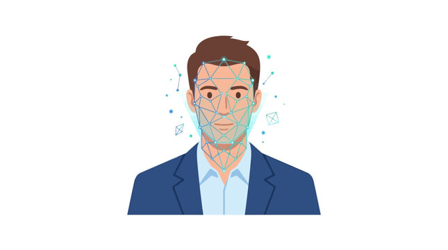 Professional man undergoing facial recognition scanning for digital security authentication flat design vector illustration.