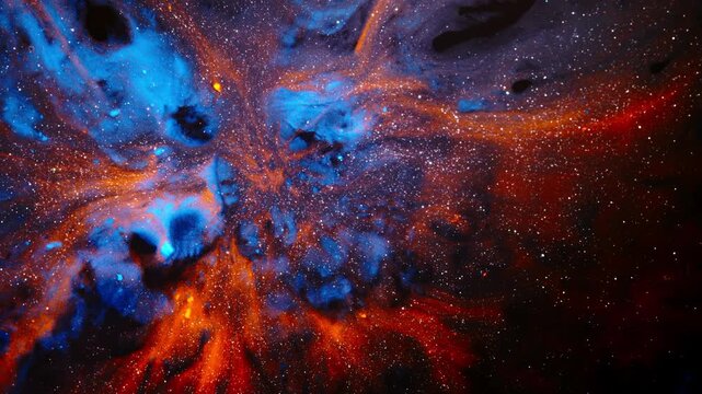 Blue and orange Nuovi Inchiostri pigments billow across black liquid, forming a space-style swirl filled with tiny bright specks.