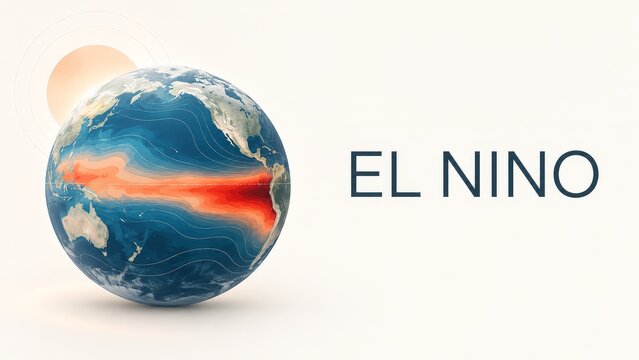 El Nino global climate illustration with warming band across Pacific Ocean on globe