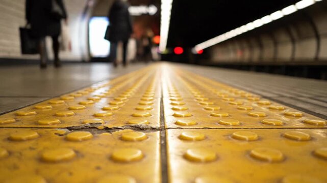 Low angle view of yellow tactile paving for the visually impaired on a busy subway station platform with blurred commuters walking in the background in a metropolitan city.