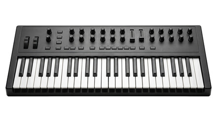 Sleek black MIDI keyboard controller with white and black keys, knobs, and faders, shot from a high angle on a clean white background © no one
