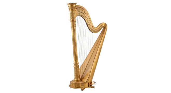 Elegant golden pedal harp with intricate carvings and numerous strings, a classical musical instrument isolated on a clean white background