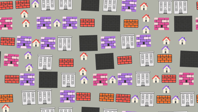 Stylized houses and brick walls pattern