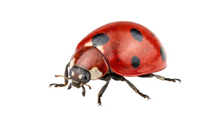 Vibrant red ladybug with distinct black spots is captured in a detailed close-up, isolated on a clean white background © no one