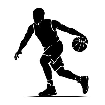 Silhouette of basketball player dribbling ball in motion on court with sneakers