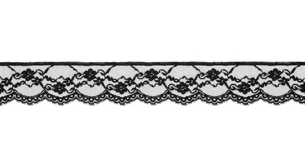 Fototapeta premium Elegant black lace trim with intricate floral patterns and delicate scalloped edges, isolated on a clean white background