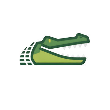 A sleek vector logo illustration of a green alligator head with white teeth, moving swiftly to the right with motion trail lines, isolated on a clean white background.