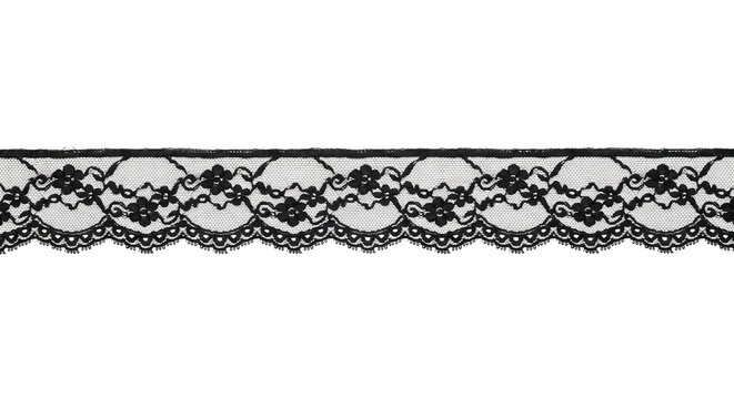 Elegant black lace trim with intricate floral patterns and delicate scalloped edges, isolated on a clean white background