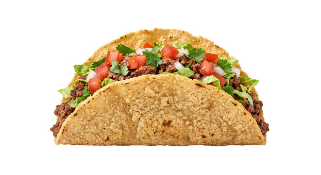 Delicious hard shell beef taco filled with fresh lettuce, diced tomatoes, and onions, isolated on a white background