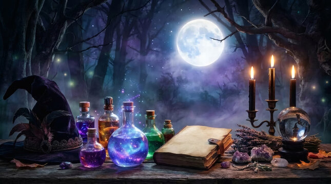 Witch's Potion Table With Spellbook, Crystal Ball and Full Moon in Enchanted Forest Night

