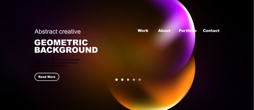 Modern website mockup. Vibrant geometric shapes, dark background, navigation menu present. Minimalist design, inviting aesthetic.
