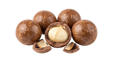 Fototapeta premium Several whole macadamia nuts with one cracked open revealing the creamy kernel, isolated on a clean white background
