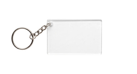 Clear rectangular plastic keychain with a silver metal ring and chain, isolated on a white background © no one