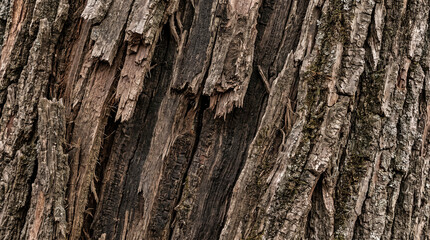 Fototapeta premium Detailed close up of rough brown tree bark texture with deep vertical ridges and natural patterns