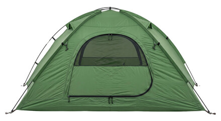 Vibrant green dome camping tent with a zippered entrance and mesh window, isolated on a clean white background © no one