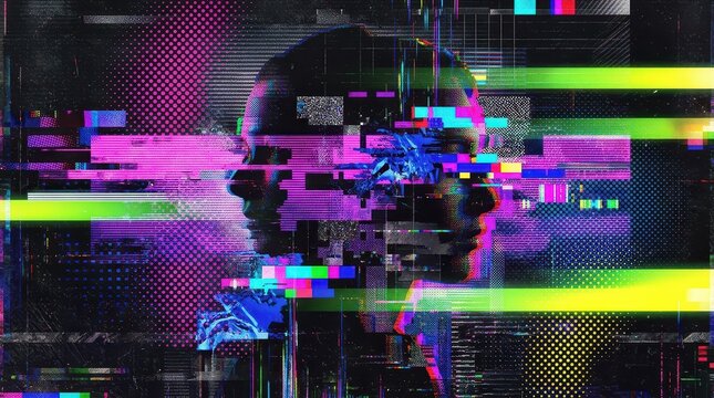 Abstract Digital Glitch Art of Human Silhouette with Neon Colors and Cyberpunk Aesthetic for Technology and AI Concepts