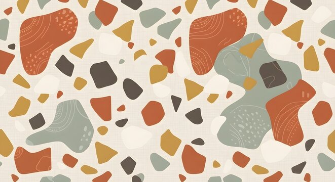 A trendy modern abstract terrazzo seamless pattern featuring organic shapes, terracotta, sage green, and mustard yellow tones on a textured neutral background.