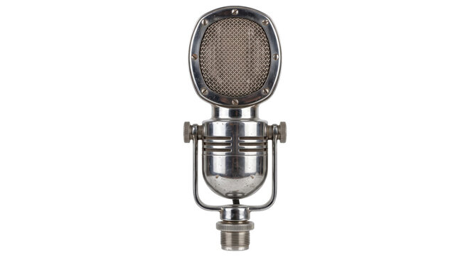 Vintage chrome microphone with an oval mesh grille and visible wear stands upright on a clean white background