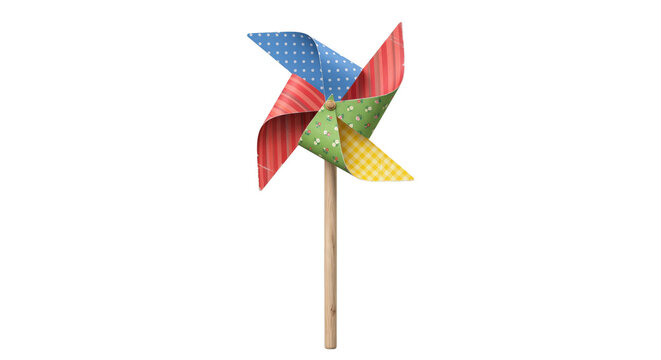 Colorful patterned paper pinwheel toy with a wooden stick, isolated on a clean white background, viewed from a straight-on perspective