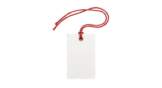 Blank white textured paper tag with a red string and brass eyelet, isolated on a clean white background