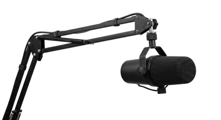 Professional black studio microphone with a boom arm, featuring a detailed mesh grille and suspension, isolated on a clean white background © no one