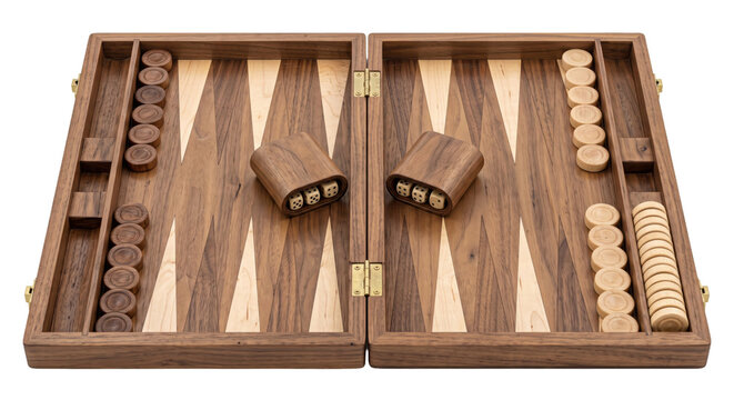 Elegant wooden backgammon board game set, featuring dark and light wood checkers with dice shakers, viewed from above on a white background
