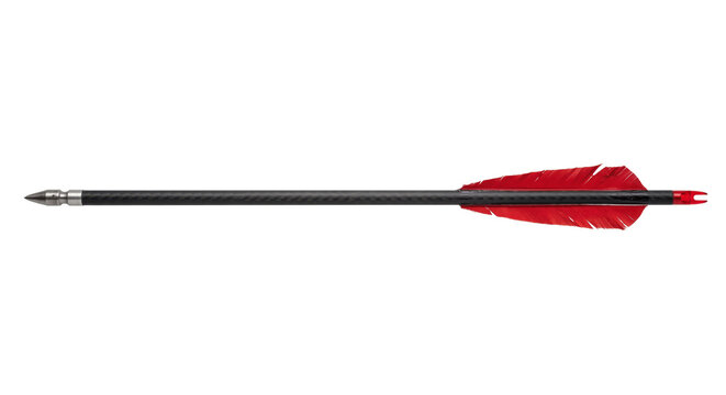 Single black carbon fiber arrow with bright red fletching and a silver tip is isolated on a clean white background
